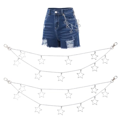 Hobbspring 2 Stück Hip Hop Punk Hosenkette 42cm Legierung Doppellagige Jeanskette Stern Hosenkette Goth Zubehör Für Frauen Männer Hosen Jeans Hosen Taille Körperkette von Hobbspring