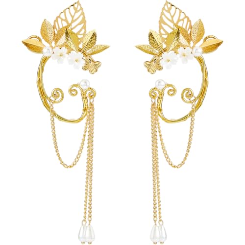 Hobbspring 2 Stück Legierungsblatt Ohrmanschetten Goldene Elfen Ohrmanschetten Feenblatt Elfen Ohrringe Mit Quaste Perlen Baumeln Für Frauen Fantasy Cosplay Hochzeit Kostüm Geschenke Zubehör von Hobbspring