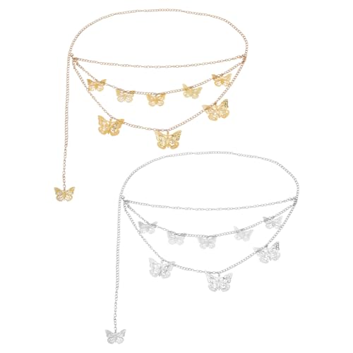 Hobbspring 2 Stück Taillenketten Mit Schmetterlingsquaste Taillengliedergürtel Aus Aluminium 3 Lagige Körperketten Verstellbar Für Jeanskleider (Platingold) von Hobbspring