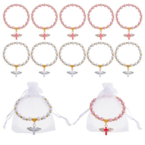 Hobbspring 24 Stück 2 Farben Perlen Stretch Rosenkranzarmband Rosenkranz Perlenarmband Mit Netzbeuteln Kommunionsmuschel Armbänder Katholische Armbänder Mit Engelsflügel Kreuz Für Frauen von Hobbspring