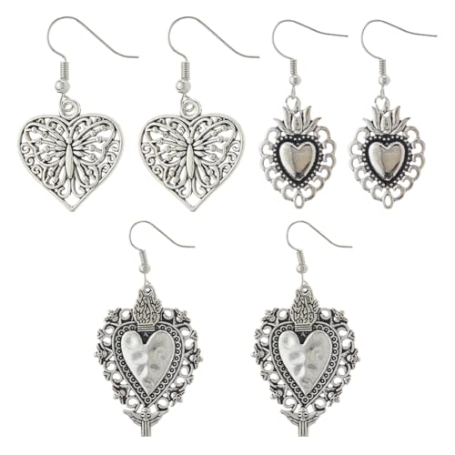 Hobbspring 3 Paar Metall Vintage Herzohrringe Mit Hohlen Blütenblättern Und Schmetterlingen Baumelnde Angelhaken Ohrringe Boho Stil Nationaler Stil Schmuck Für Frauen Mütter Geschenke Zum Muttertag von Hobbspring