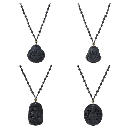 Hobbspring 4 Stile Halsketten Mit Anhänger „Lachender Buddha“ Guan Yin Halskette Schwarzes Amulett Schutz Anhänger Feng Shui Perlenkette Glaskette Booda Halskette Glückskette Für Männer Und Frauen von Hobbspring