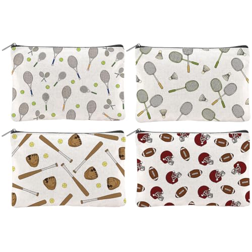 Hobbspring 4 Stück Tennis Make Up Taschen 15x23cm Rugby Baseball Badminton Canvas Kosmetiktaschen Mit Reißverschluss Canvas Reise Kulturbeutel Für Frauen Party Shopping Wohnaccessoires von Hobbspring