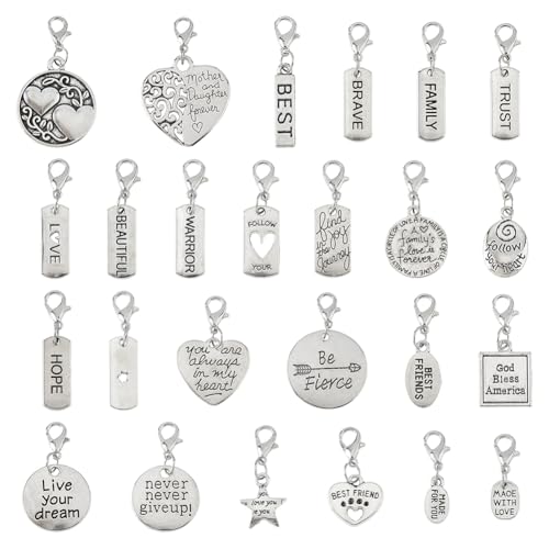 Hobbspring 50Pcs Clip auf Charme Anhänger 25 Stile Antik Silber Inspiration Worte Charms mit Karabinerhaken Worte Legierung Reißverschluss Anhänger für Tasche Handtasche Schlüsselanhänger Schmuck von Hobbspring