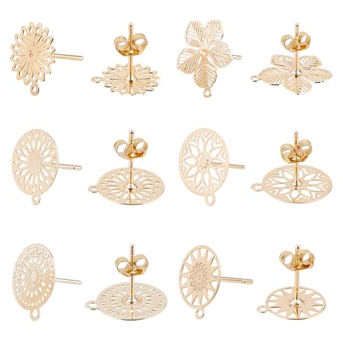 Hobbspring 6 Paar Messing Ohrstecker mit Schleife 18K Gold plattiert flache runde Blume Ohrstecker Findings böhmischen hohlen flachen filigranen Ohrringe Beiträge mit Ohrmuttern zurück für DIY Handwer von Hobbspring