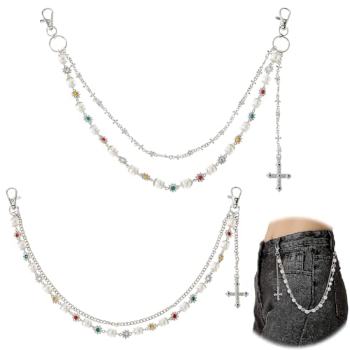 Hobbspring Doppellagige Hosekette 47cm Silber Legierung Jeans Hosentaschenketten Mit Strass Blume Perlen Kreuz Charm Gürtelkette Für Damen Herren Hosen Handtaschen Geldbörsen Streetwear Schmuck von Hobbspring