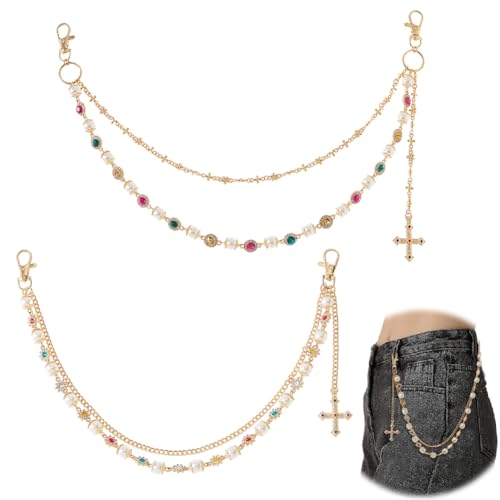 Hobbspring Doppelt Schicht Hosenkette Gold Legierung Jeans Taschenketten Mit Strasssteinen 47cm Blumenperlen Kreuz Charm Gürtelkette Für Damen Herren Hosen Handtaschen Geldbörsen Streetwear Schmuck von Hobbspring