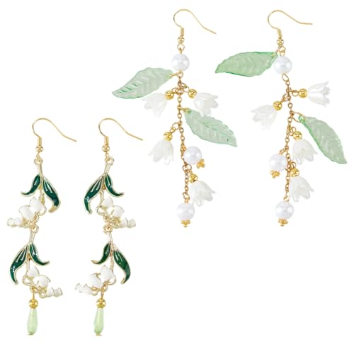 Hobbspring Maiglöckchen Ohrringe 2 Paar Weiße Blume Blatt Angelhaken Ohrstecker 90mm Floral Frauen Schmuck Geschenk Für Muttertag Geburtstag Jubiläum von Hobbspring