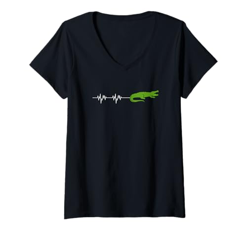 Damen Herzschlag Herzlinie Herzfrequenz Krokodil Panzerechse T-Shirt mit V-Ausschnitt Damen Herzschlag Herzlinie Herzfrequenz Krokodil Panzerechse T-Shirt mit V-Ausschnitt von Hobby Beruf Zoo Raubtiere