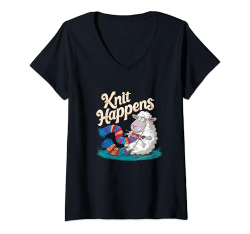 Damen Knit Happens Strickendes Schaf für Hobby Strickerinnen T-Shirt mit V-Ausschnitt Damen Knit Happens Strickendes Schaf für Hobby Strickerinnen T-Shirt mit V-Ausschnitt von Hobby Knitters Crafting Apparel