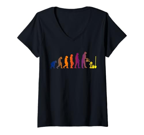 Damen Evolution Garten Gartenarbeit Landschaftsgärtner Pflanzen T-Shirt mit V-Ausschnitt von Hobbygärtner Schrebergarten Gärtner Geschenk Shirt