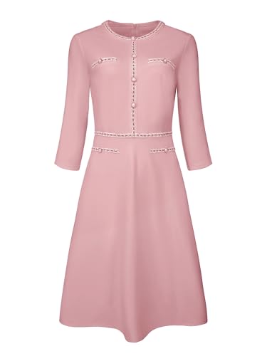 Hobemty Damen Church A-Linie Arbeit 3/4 Ärmel Tweed Midi Kleider, Pink, Mittel von Hobemty