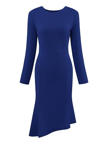 Hobemty Damen 3/4-Ärmel Fischschwanz Kleid Rundhalsausschnitt Gürtel Formell Business Kleid Navy blau XXL von Hobemty