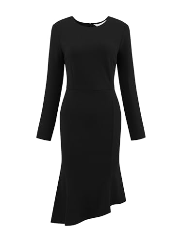 Hobemty Damen 3/4-Ärmel Fischschwanz Kleid Rundhalsausschnitt Gürtel Formell Business Kleid Schwarz L von Hobemty