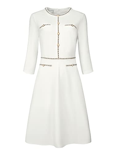 Hobemty Damen A-Linie Kleid Büro 3/4 Ärmel Tweed Trim Elegante Kleider, Weiss/opulenter Garten, XX-Large von Hobemty