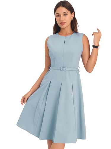 Hobemty Damen Ärmellos Kleid Reißverschluss mit Gürtel A-Linie Arbeitskleid Grau Blau M von Hobemty
