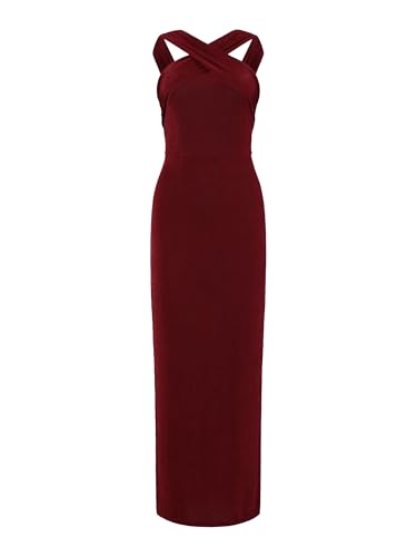 Hobemty Damen Ärmellos Neckholder Kleid Geteiltem Saum Cocktailparty Figurbetontes Maxikleid Weinrot L von Hobemty
