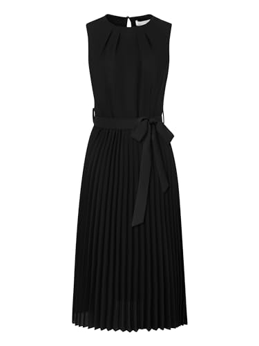 Hobemty Damen Ärmellos Plissee Kleid Bindegürtel Lässiges Büro A-Linie Knielang Kleider Schwarz XL von Hobemty