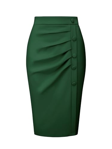 Hobemty Damen Bleistiftrock Hohe Taille Plissierte Vorderseite Arbeit Midiröcke Rock Grün XL von Hobemty