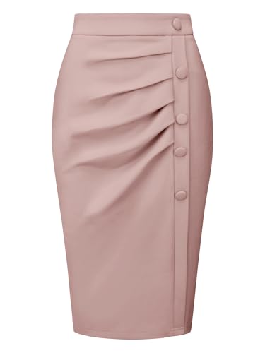 Hobemty Damen Bleistiftrock Hohe Taille Plissierte Vorderseite Arbeit Midiröcke Rock Rosa S von Hobemty