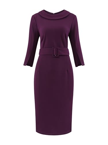 Hobemty Damen Business Kleid Halbarm Etuikleid Rundhalsausschnitt Vintage Gürtel Bleistiftkleid Lila L von Hobemty