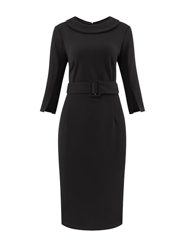 Hobemty Damen Business Kleid Halbarm Etuikleid Rundhalsausschnitt Vintage Gürtel Bleistiftkleid Schwarz S von Hobemty