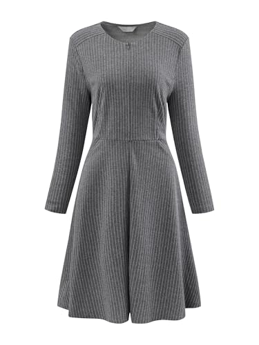 Hobemty Damen Business Kleid Langarm Reißverschluss Winter A-Linie Midi Taschen Streifenkleid Grau S von Hobemty