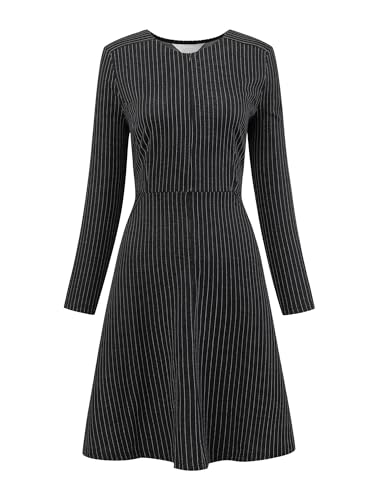 Hobemty Damen Business Kleid Langarm Reißverschluss Winter A-Linie Midi Taschen Streifenkleid Schwarz L von Hobemty