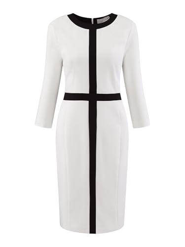 Hobemty Damen Colorblock Etuikleid Kontrastfarbe Langarm Bleistiftkleid Elegant Business Kleid Weiß schwarz XXL von Hobemty