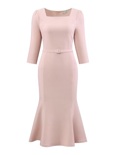 Hobemty Damen Elegantes Fischschwanzkleid Quadratischer Ausschnitt Gürtel 3/4-Ärmel Meerjungfrauenkleider Rosa M von Hobemty