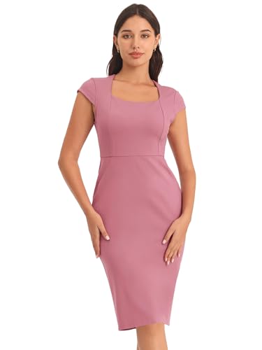 Hobemty Damen Etuikleid Quadratischer Ausschnitt Flügelärmel Arbeit Bleistiftkleider Kleid Rosa XL von Hobemty