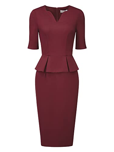 Hobemty Damen Business Etuikleid V-Ausschnitt Arbeit Bleistiftkleid Elegant Schößchen Kleid Tiefrot XXL von Hobemty