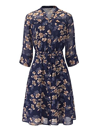 Hobemty Damen Floral Chiffon Kleid Halbarm Krawatte Taille Button Down Flare Kleider, Dunkelblau, Groß von Hobemty