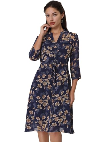 Hobemty Damen Halbe Ärmel Kleid Blumenmuster Ausgestellte Knopfleiste Kleider Dunkelblau XXL von Hobemty