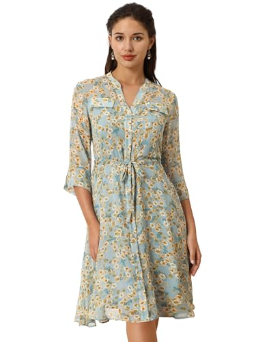 Hobemty Damen Halbe Ärmel Kleid Blumenmuster Ausgestellte Knopfleiste Kleider Hellblau S von Hobemty