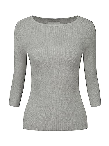 Hobemty Damen Halbe Ärmel Strickoberteil U-Boot Ausschnitt Schmale Passform T-Shirts Grau M von Hobemty