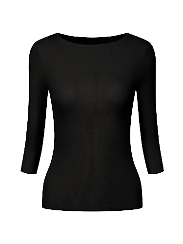 Hobemty Damen Halbe Ärmel Strickoberteil U-Boot Ausschnitt Schmale Passform T-Shirts Schwarz M von Hobemty