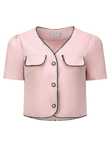 Hobemty Damen Jacke Kurzarm Tweed Kontrastfarbe Knopfleiste Arbeits Büro Blazer Rosa M von Hobemty
