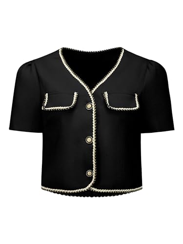 Hobemty Damen Jacke Kurzarm Tweed Kontrastfarbe Knopfleiste Arbeits Büro Blazer Schwarz XXL von Hobemty