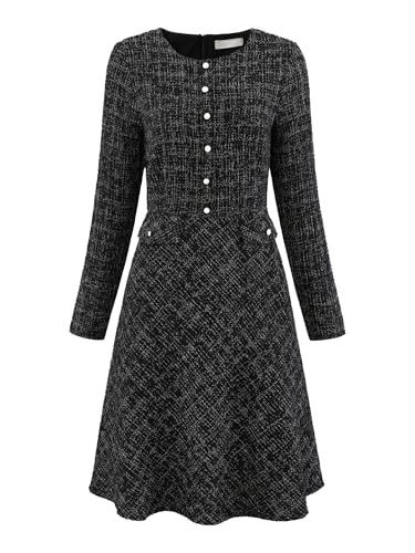 Hobemty Damen Kleid A-Linie Tweed Langarm Vintage Arbeit Flare Kleider Schwarz L von Hobemty