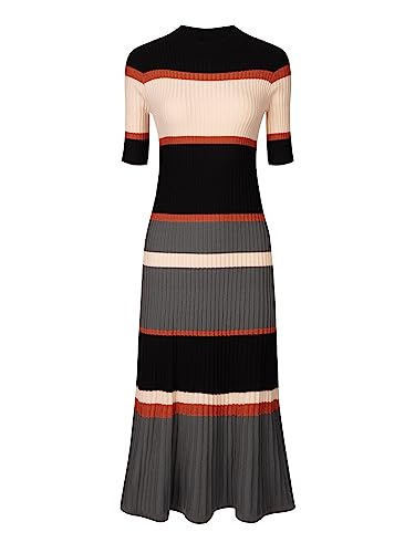 Hobemty Damen Kleid Kurzarm Gestreiftes Basic Strickkleid A-Linie Kleider Orange M von Hobemty