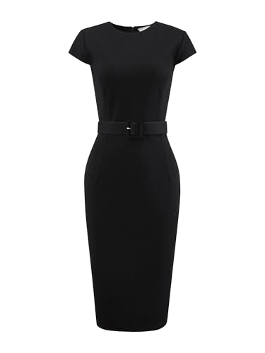 Hobemty Damen Kurzarm Kleid Bleistiftkleid Flügelärmel Gürtel Arbeit Minikleid Etuikleid Schwarz L von Hobemty