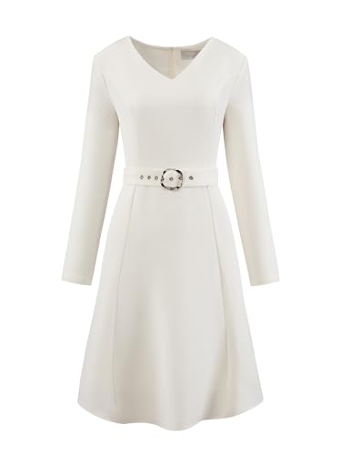 Hobemty Damen Langarm Ausgestellt Kleid V-Ausschnitt mit Gürtel 2024 Elegant Arbeitskleider Cremeweiß M von Hobemty