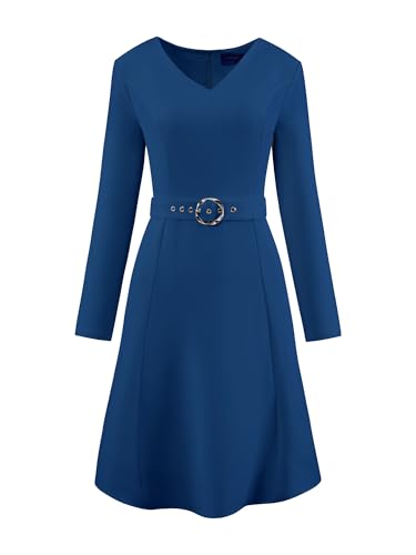 Hobemty Damen Langarm Ausgestellt Kleid V-Ausschnitt mit Gürtel 2024 Elegant Arbeitskleider Dunkelblau XXL von Hobemty