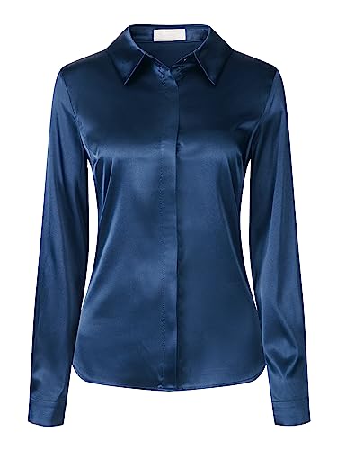 Hobemty Damen Langarm Bluse Arbeit Hemd Büro Satin Elegant Top Dunkelblau XXL von Hobemty