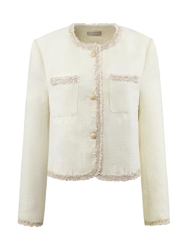 Hobemty Damen Langarm Elegante Tweed Jacke Panel Besatz Arbeit Büro Jacken Beige S von Hobemty