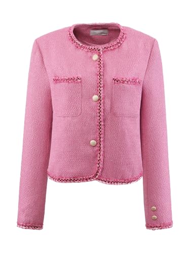 Hobemty Damen Langarm Elegante Tweed Jacke Panel Besatz Arbeit Büro Jacken Rosa M von Hobemty