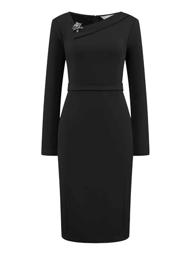 Hobemty Damen Langarm Elegantes Etuikleid Asymmetrischem Ausschnitt Arbeiten Bleistiftkleider Schwarz M von Hobemty