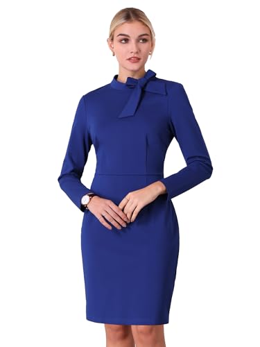 Hobemty Damen Langarm Etuikleid Schleife Hals Knielang Arbeit Bleistiftkleid Business Kleid Königsblau S von Hobemty