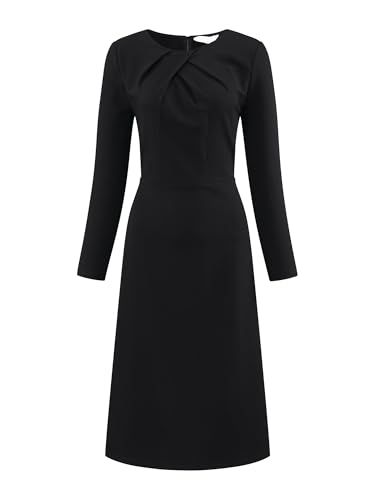 Hobemty Damen Plissee Ausschnitt Elegant Business Kleid Langarm A-Linie Midikleid Schwarz M von Hobemty